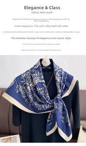 Dettaglio di sciarpa in seta twill blu navy con stampa floreale bianca e bordo beige