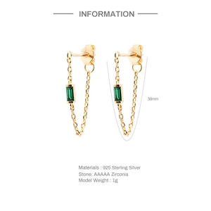 Detail of 925 sterling silver chain earrings with green zirconia showing 38mm length