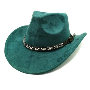 Detail of dark green suede cowboy hat with vintage buckle and stitched leather band