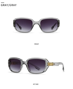 Front and 45-degree angle views of gray pilot sunglasses with sleek metal accents