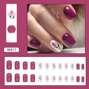 Purple and floral press-on nails set in medium-long square shape, model W871 for women