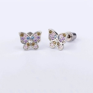 Detail of silver butterfly stud earrings featuring colorful crystal micro-pave stones