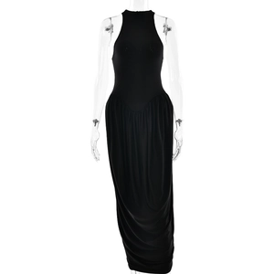 Detail of the elegant black ruched maxi dress featuring sleeveless bodycon slimming fit