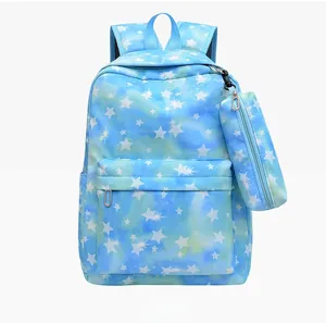 Front view of trendy tie-dye star pattern backpack with matching pencil case and pouch