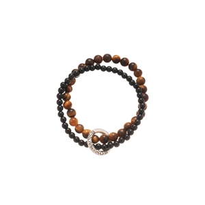 Tiger eye and matte black pearl double-layer bracelet with vintage silver engraved clasp