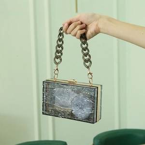 Moderne rauchgraue Acryl-Box-Clutch mit Eiskristall-Textur und goldenem Metallrahmen