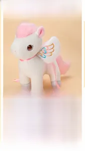 Detailed three-sided view of plush white unicorn toy with pink mane and silver hooves