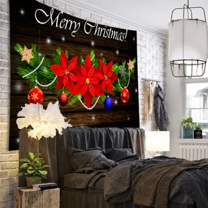 Tapisserie de Noël avec poinsettias et texte Merry Christmas sur fond bois décor