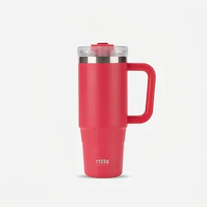 Detail view of red matte 40oz stainless steel tumbler with handle and spill-proof lid