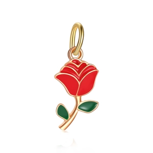 Detailed view of red enamel rose charm with green leaves and gold metal stem
