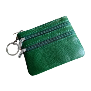 Green leather multi-layer coin purse with three zipper pockets and a metal keyring