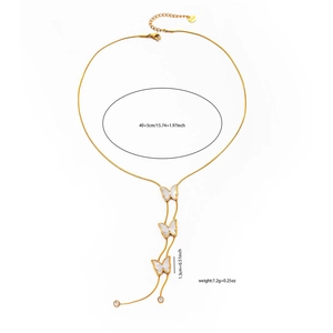 Detail showing dimensions of gold butterfly necklace with white shell charms and lobster clasp
