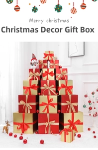 Close-up of red and gold Christmas gift boxes with ribbons in a festive holiday display