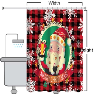 Christmas shower curtain size chart with Santa Claus patterns and measurement guide