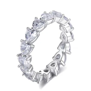 925 Sterling Silver Heart Shape Cubic Zirconia Eternity Band Row Stackable Ring Sparkling Jewelry For Women Elegant