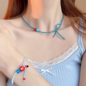 Blue beaded necklace and mushroom charm bracelet set with bow knot detail for women