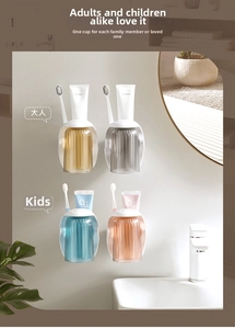 Wall-mounted toothbrush holder set with four colorful magnetic cups and storage slots