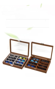Close-up of 8-slot dark wood grain eyewear display box with transparent window and lock