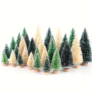 Mini Christmas Trees Sisal Bottle Brush Frosted Snow Small Cedar Pine Wooden Base Desktop Decor Ornament