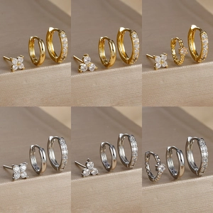 Copper Rhinestone Clover Geometric Hoop And Stud Earrings For Women Gold Silver Plated Small Dainty Jewelry Accessory