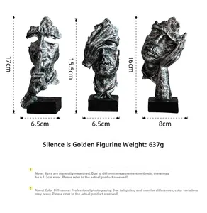 Three-piece silver resin Nordic art sculptures showing silence is golden gestures