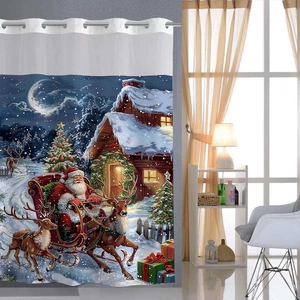 Detail of waterproof Christmas shower curtain featuring Santa and reindeer on snowy night