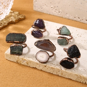 Vintage Natural Stone Adjustable Double Head Ring For Women Copper Amethyst Tourmaline Obsidian Fluorite Raw Gemstone Ring