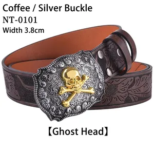 Detail of 3.8cm coffee PU belt with vintage silver skull buckle and floral embossing