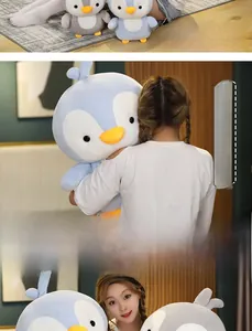 Plush penguin doll in two colors and three sizes shown in a cozy home setting