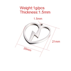 Detailed view of silver heart pendant with lightning bolt cutout showing 21mm size dimensions