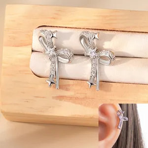 Bowknot Star Zircon Cartilage Stud Earrings With Titanium Steel Post Double Head Screw Thread Flat Back Jewelry Women