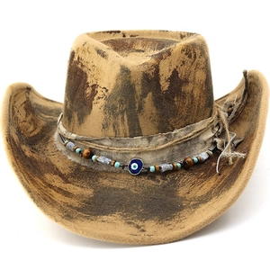 Western Cowboy Hat Distressed Burnt Effect Wide Brim Polyester Felt Sun Hat For Performance Retro Style With Evil Eye Beads