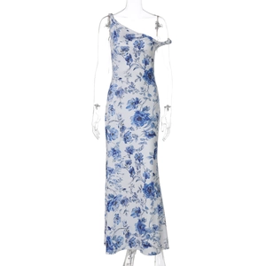 Detailed front view of white slim-fit one-shoulder floral dress with blue floral pattern