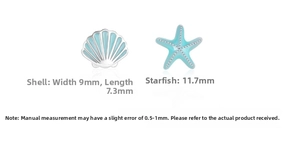 Detail view of silver starfish and shell earrings with light blue enamel finish