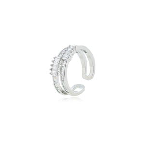 Detailed macro view of silver double-layered open ring with sparkling baguette cut zircons