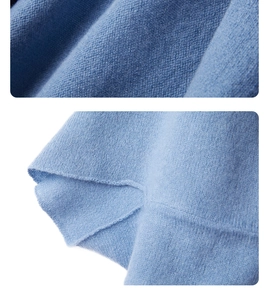 Close-up of the blue knitted cashmere blend fabric texture and soft wool fibers