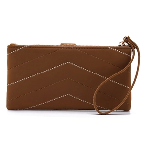 Women's brown long wallet with V-quilted texture, beaded details and wristlet strap