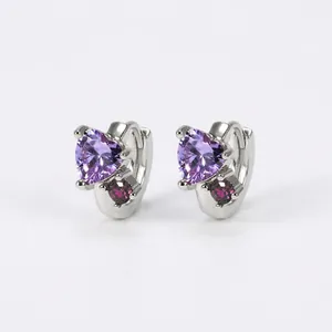Silver-colored heart-shaped purple zircon hoop earrings with small red stone accents