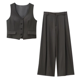 Ensemble Tailleur Femme Élégant en Polyester avec Gilet Col en V et Pantalon Taille Haute Jambe Large pour Bureau Top