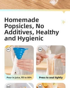 Detail of DIY ice pop mold with blue silicone funnel and clear disposable sealing bags