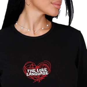 Women's black long sleeve pajama top featuring red heart print and The Love Language text
