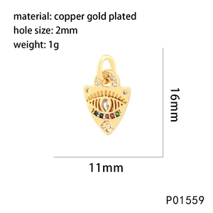 Detail of gold-plated evil eye pendant with colorful cubic zirconia and dimensions