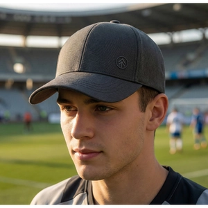 Detailaufnahme einer dunkelgrauen Baseballkappe mit Logo an einem Model im Freien