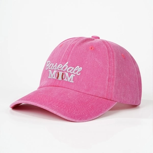 Rose pink washed cotton baseball cap with Baseball MOM embroidery from a 45-degree angle