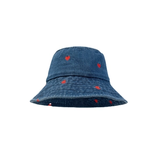 Denim bucket hat with red heart embroidery, stylish sun protection cap in dark blue