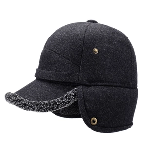 Men's winter aviator cap in dark grey wool fabric with warm fleece earflaps and brim