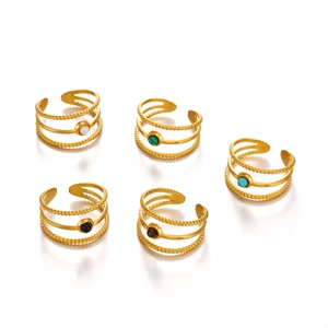 Set of 5 18K gold plated stainless steel open rings with colorful oval gemstones