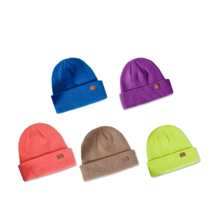 Winter rib-knit beanie hats in five colors including blue, orange and brown with leather tag