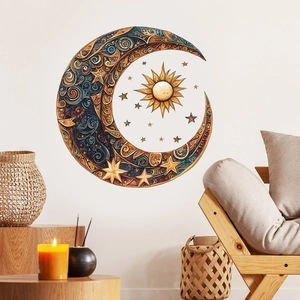 Celestial crescent moon and sun wall decal with bohemian mandala patterns for home decor