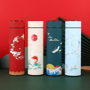 Smart LED temperature display thermos bottle set with traditional Chinese art patterns
